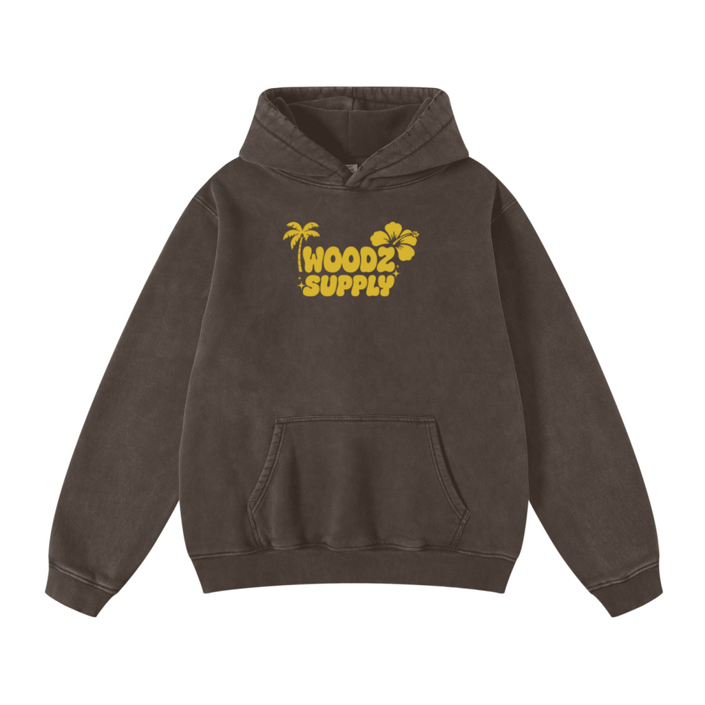 400GSM Unisex Heavyweight Distressed Snow-Wash Hoodie Brown