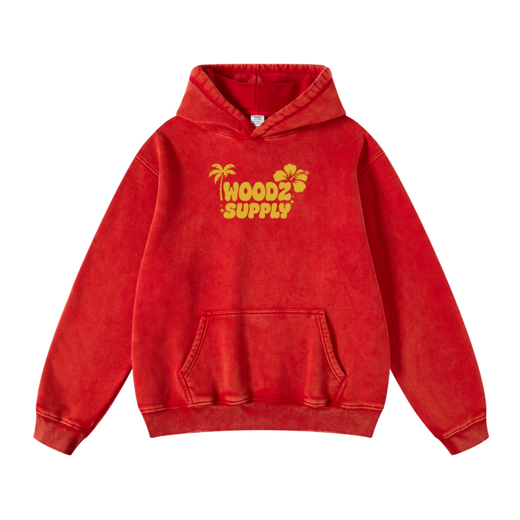 400GSM Unisex Heavyweight Distressed Snow-Wash Hoodie Red