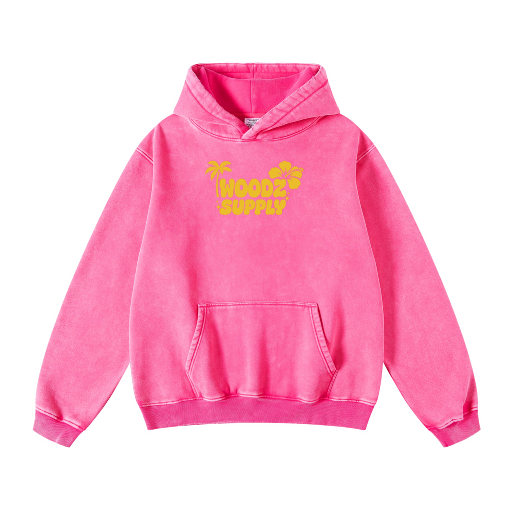 400GSM Unisex Heavyweight Distressed Snow-Wash Hoodie Rose Pink