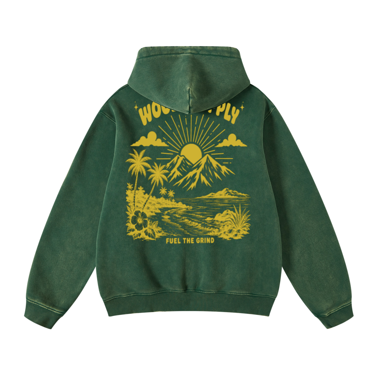 400GSM Unisex Heavyweight Distressed Snow-Wash Hoodie Moss Green