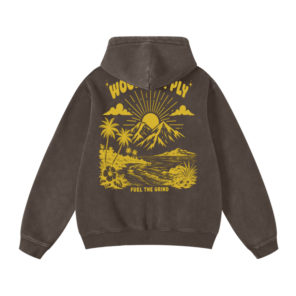 400GSM Unisex Heavyweight Distressed Snow-Wash Hoodie Brown