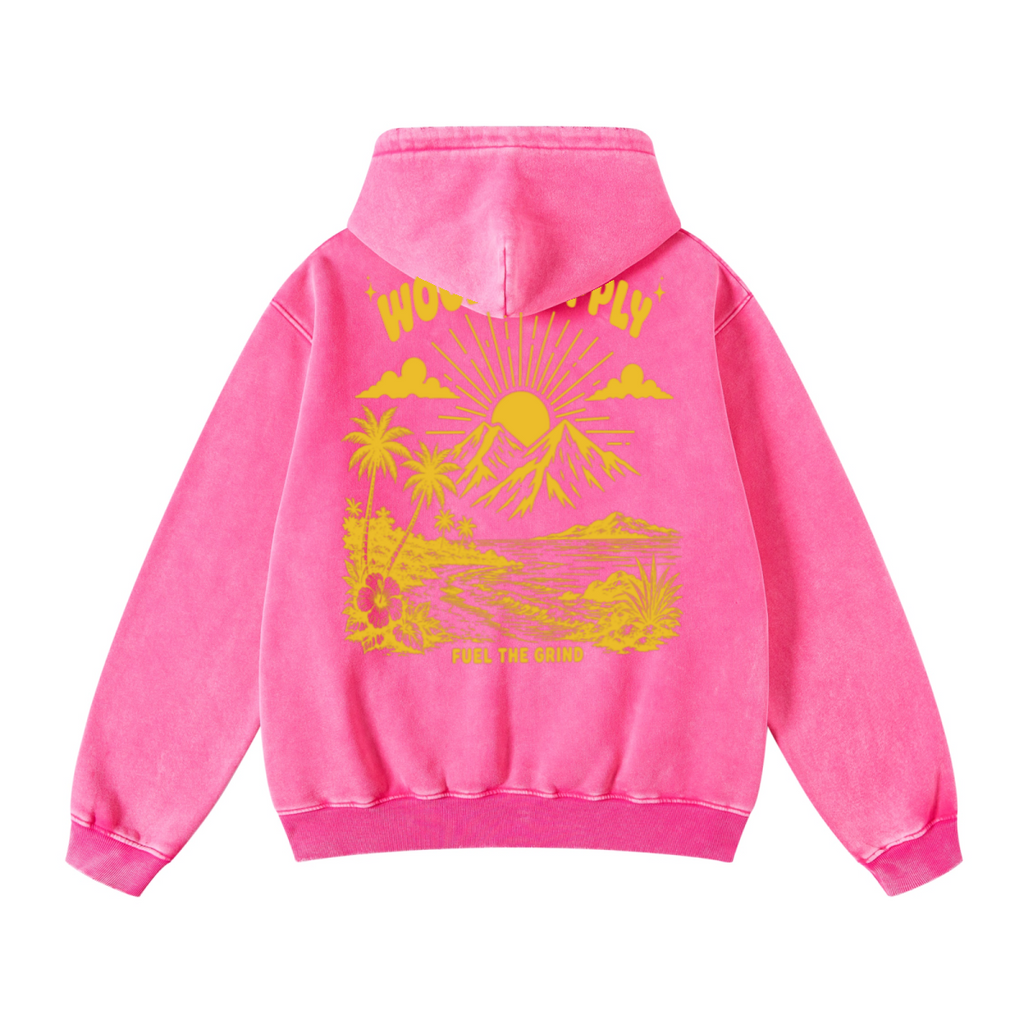 400GSM Unisex Heavyweight Distressed Snow-Wash Hoodie Rose Pink