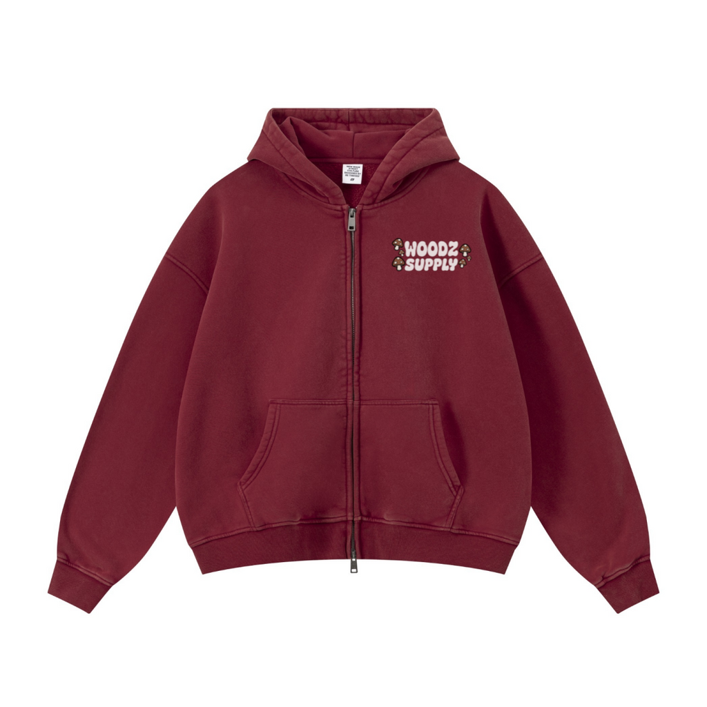 400GSM Unisex Vintage-Wash Boxy-Fit Zip-Up Hoodie Vintage Red