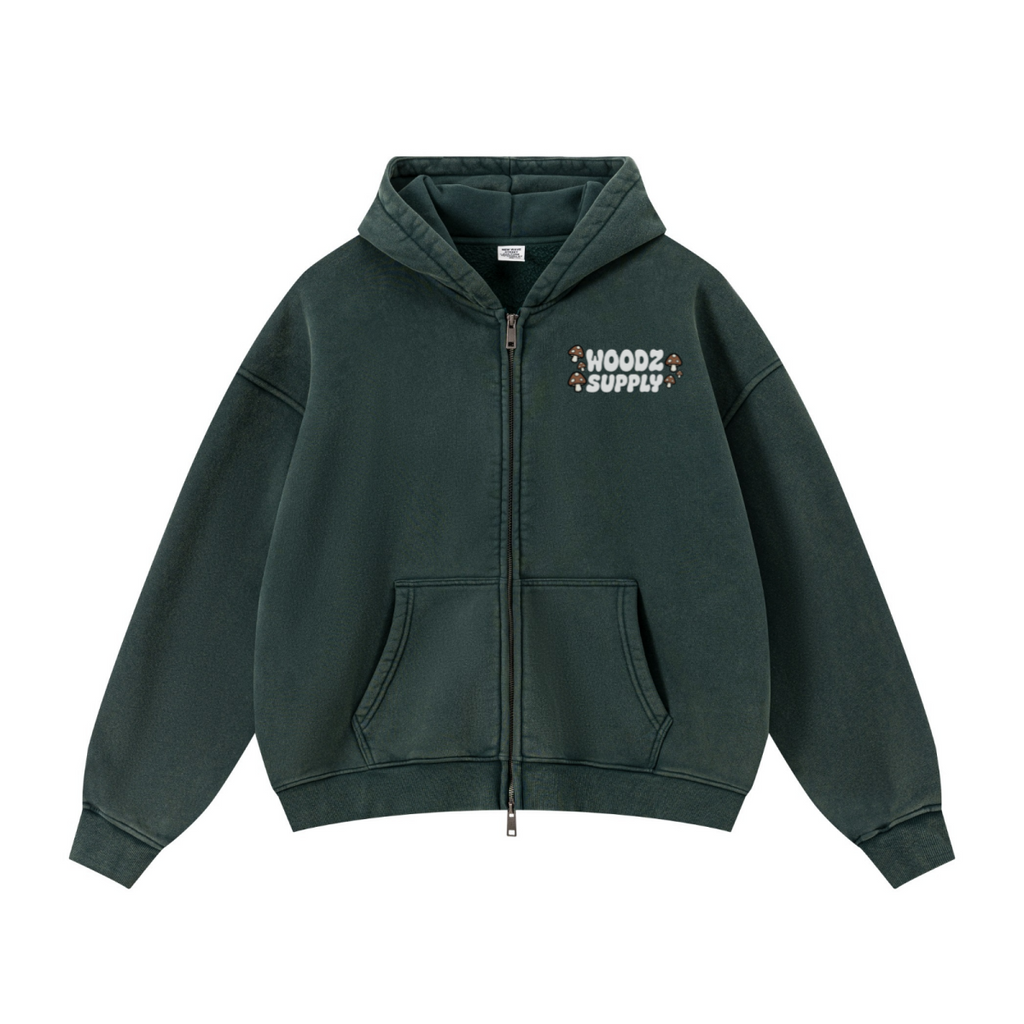 400GSM Unisex Vintage-Wash Boxy-Fit Zip-Up Hoodie Vintage Moss Green