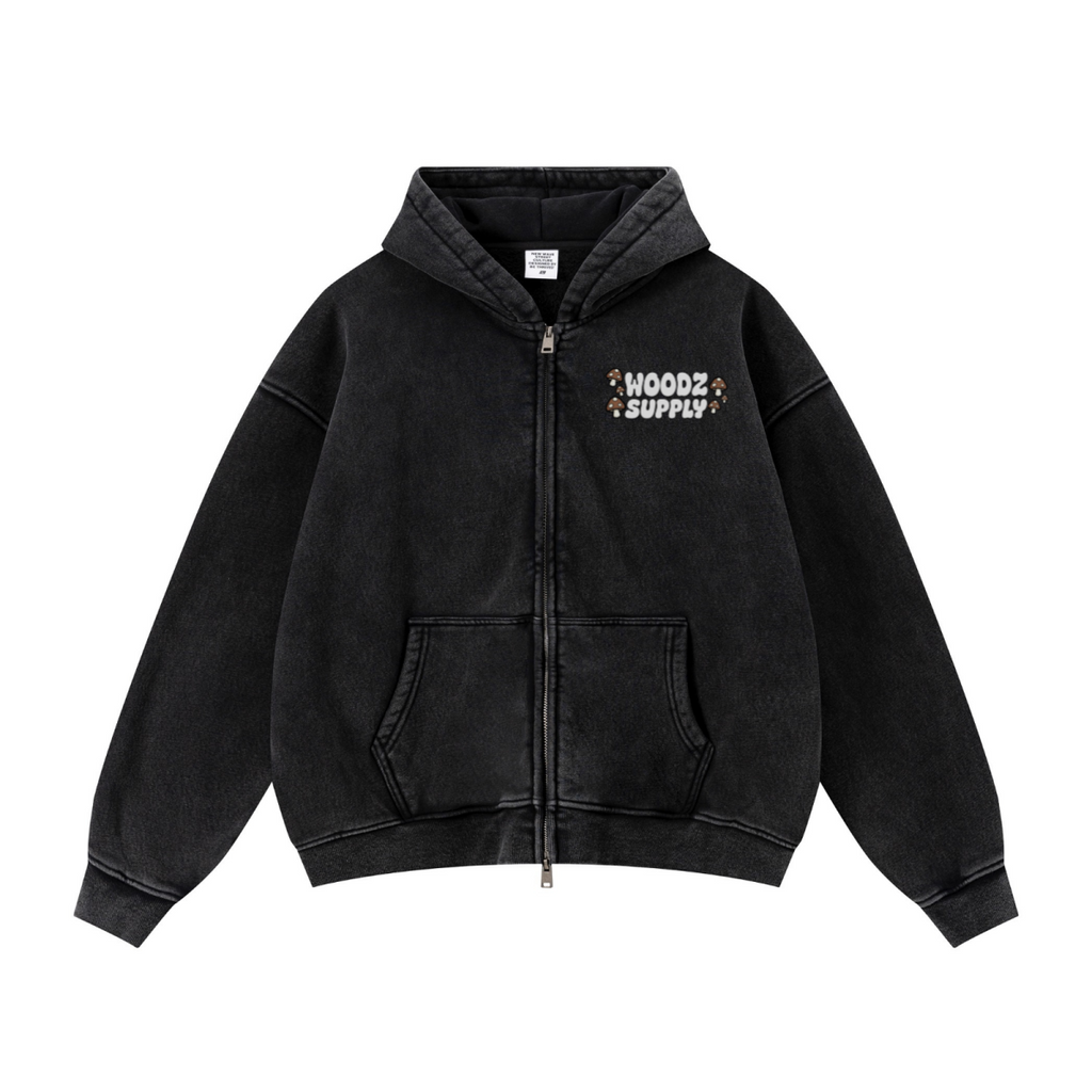 400GSM Unisex Vintage-Wash Boxy-Fit Zip-Up Hoodie Vintage Black