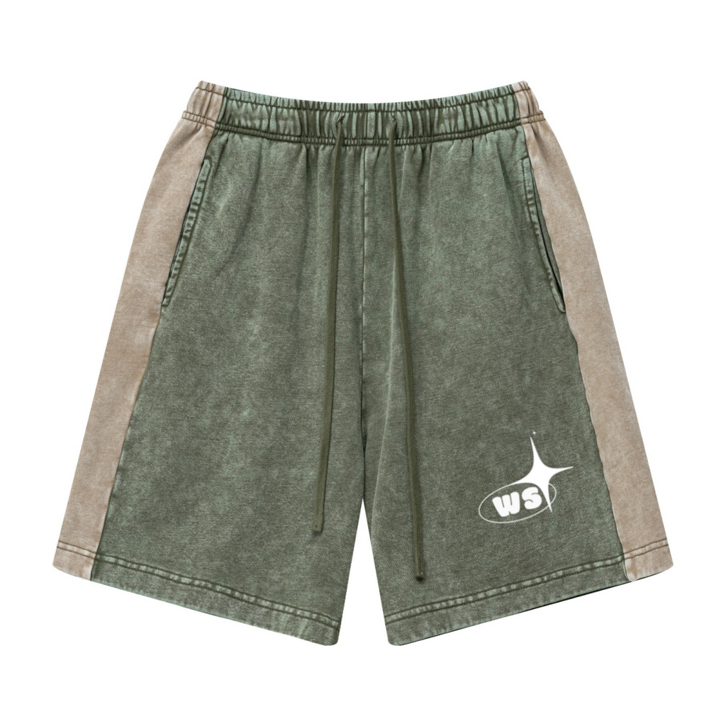 370GSM Unisex Heavyweight Contrast Snow-Washed Shorts Military Green/Khaki