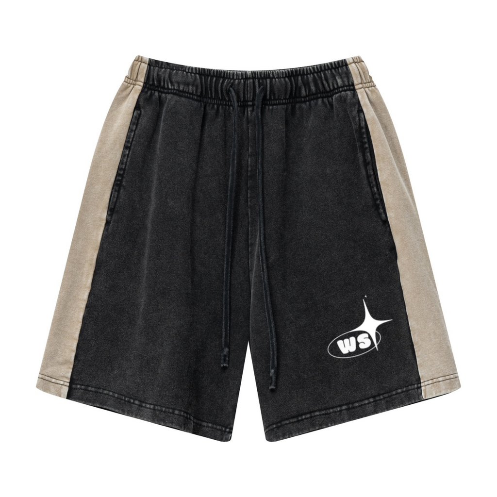 370GSM Unisex Heavyweight Contrast Snow-Washed Shorts Black/Khaki