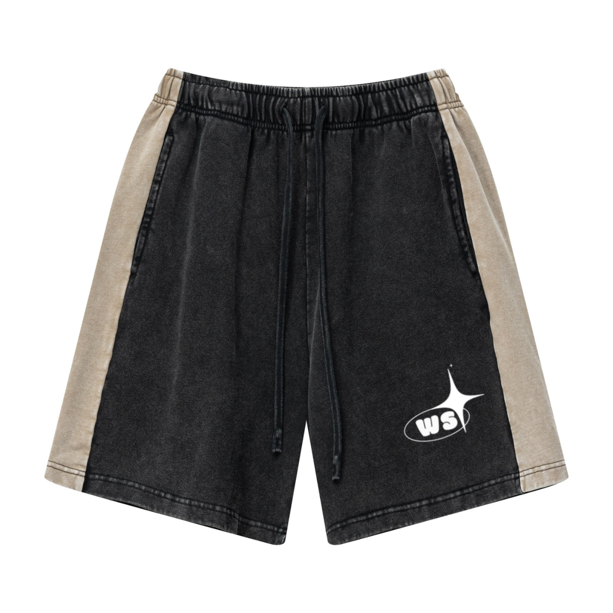 370GSM Unisex Heavyweight Contrast Snow-Washed Shorts Black/Khaki