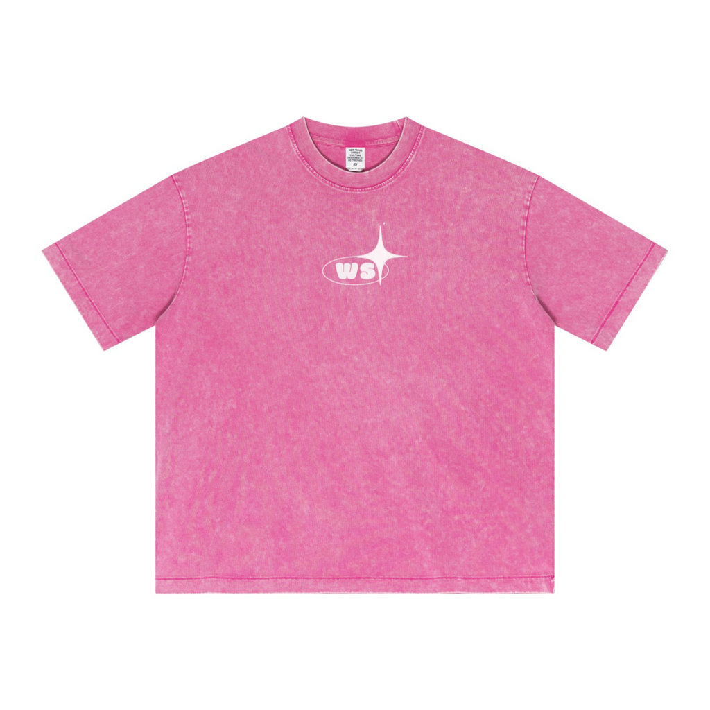 285GSM Unisex Distressed Snow-Wash Batik Plain Fabric T-shirt Pink