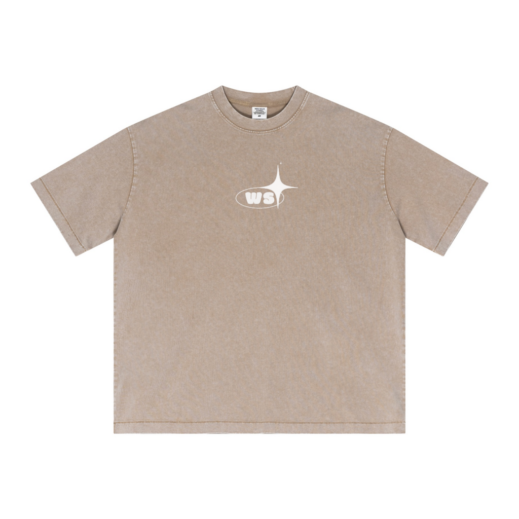 285GSM Unisex Distressed Snow-Wash Batik Plain Fabric T-shirt khaki
