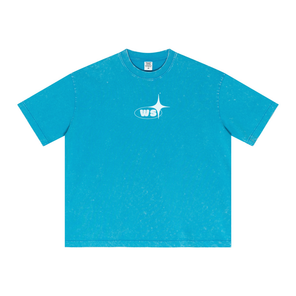 285GSM Unisex Distressed Snow-Wash Batik Plain Fabric T-shirt Blue