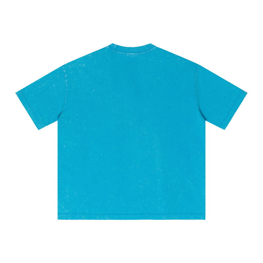 285GSM Unisex Distressed Snow-Wash Batik Plain Fabric T-shirt Blue