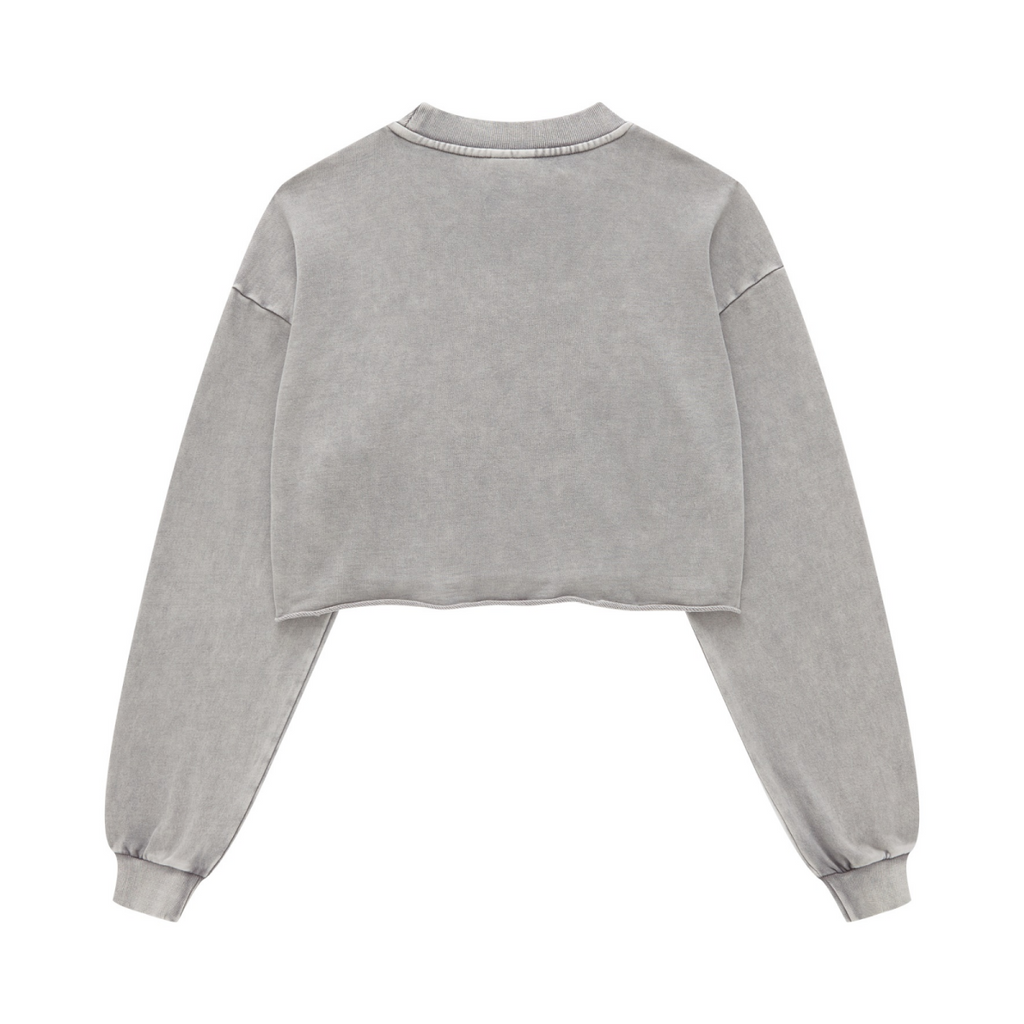 380GSM Women’s Heavyweight Distressed Snow-Wash Raw-Hem Cropped Long sleeve Medium gray