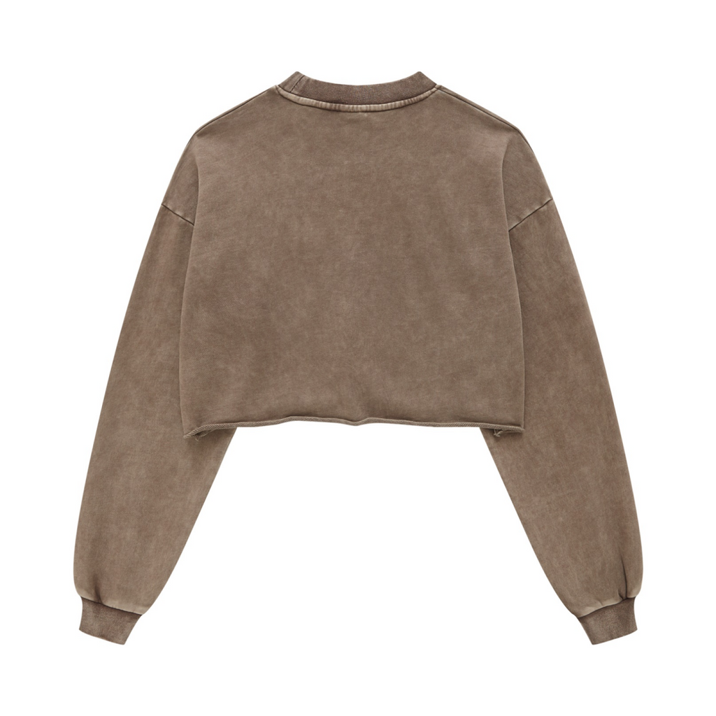 380GSM Women’s Heavyweight Distressed Snow-Wash Raw-Hem Cropped Long sleeve Coffee 