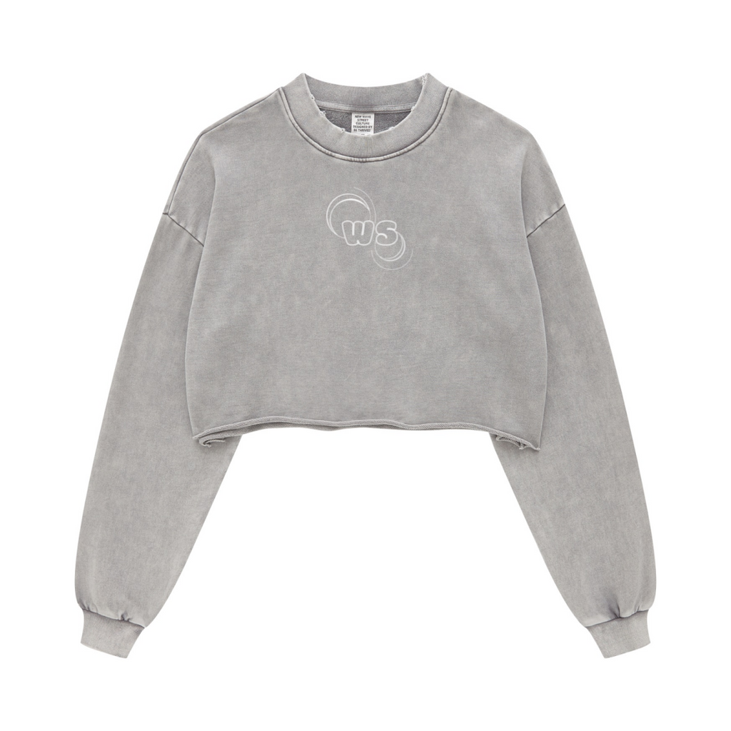 380GSM Women’s Heavyweight Distressed Snow-Wash Raw-Hem Cropped Long sleeve Medium gray