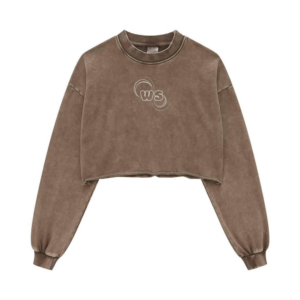 380GSM Women’s Heavyweight Distressed Snow-Wash Raw-Hem Cropped Long sleeve Coffee 