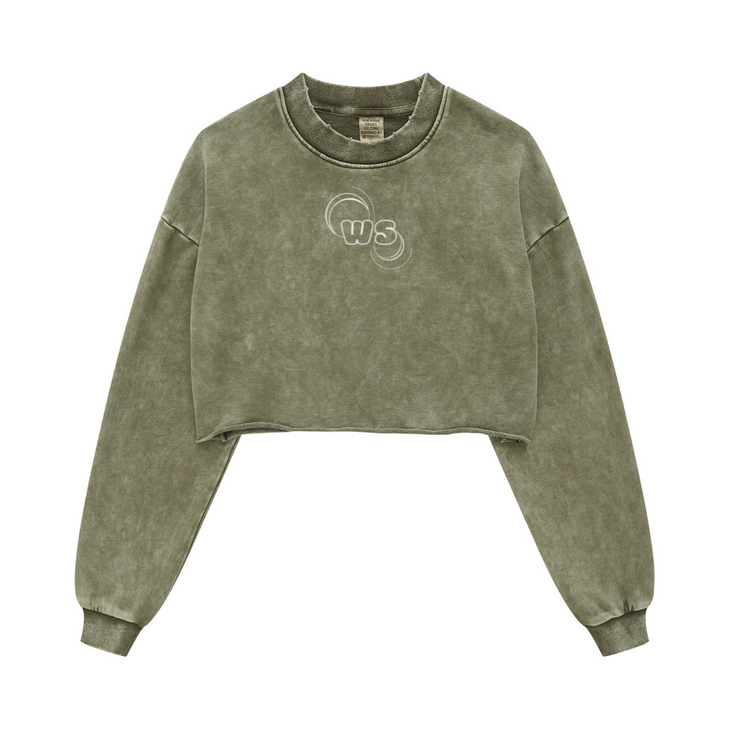 380GSM Women’s Heavyweight Distressed Snow-Wash Raw-Hem Cropped Long sleeve Olive green
