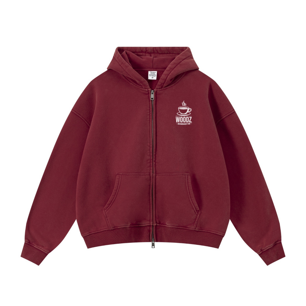 400GSM Unisex Vintage-Wash Boxy-Fit Zip-Up Hoodie Vintage Red