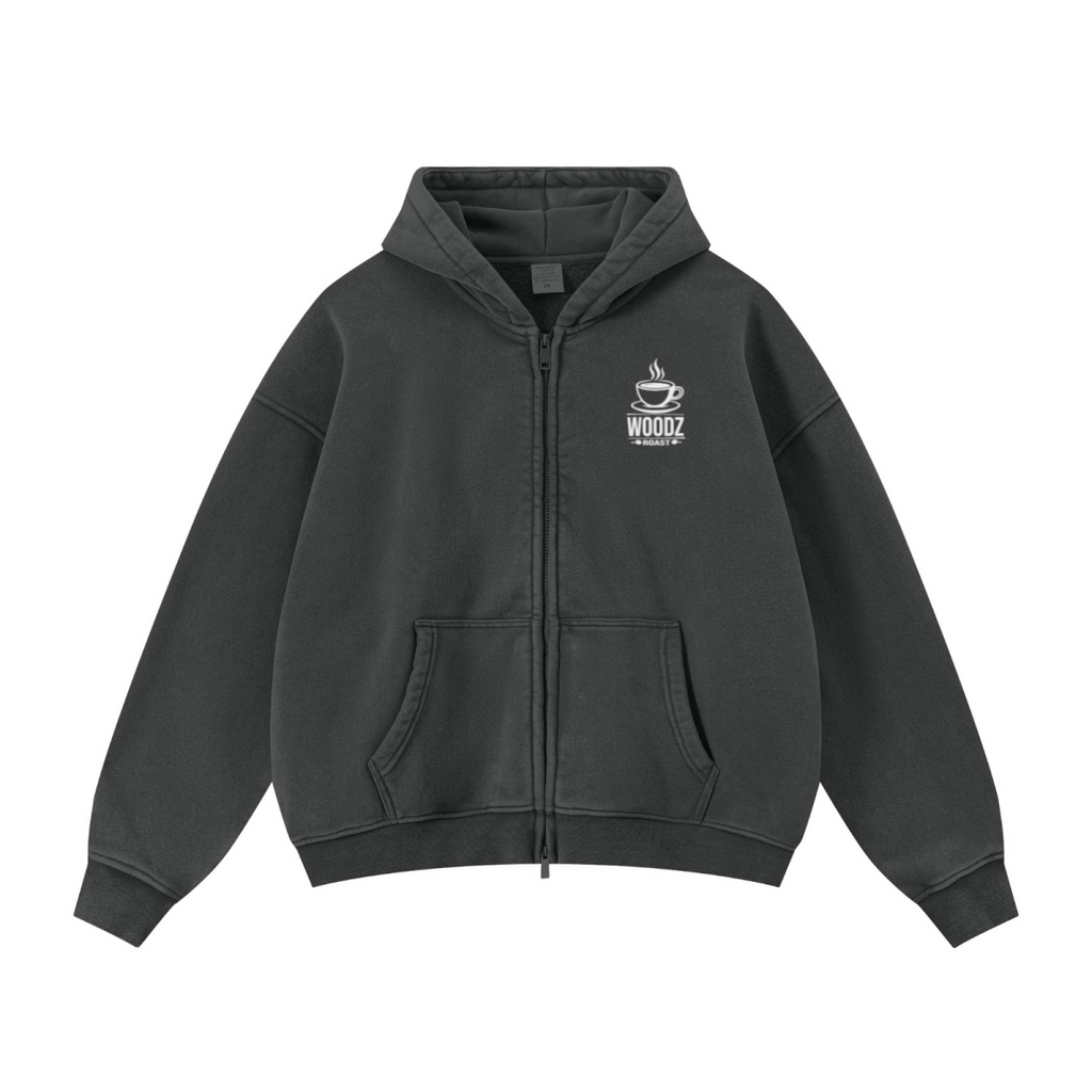 400GSM Unisex Vintage-Wash Boxy-Fit Zip-Up Hoodie Vintage Dark Grey