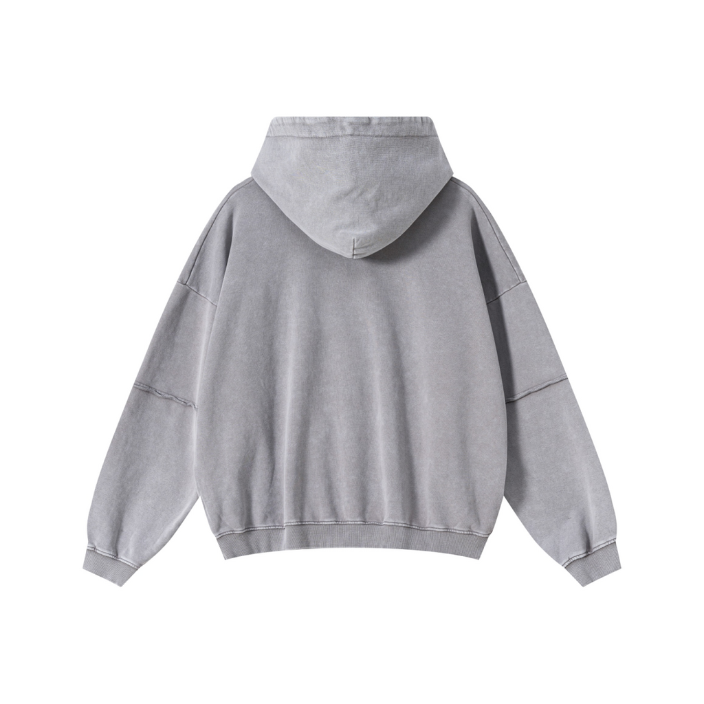 370GSM Men’s Faux-Two-Piece Distressed Snow-Wash French Terry Hoodie Medium Grey