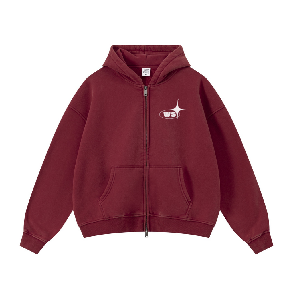 400GSM Unisex Vintage-Wash Boxy-Fit Zip-Up Hoodie Vintage Red