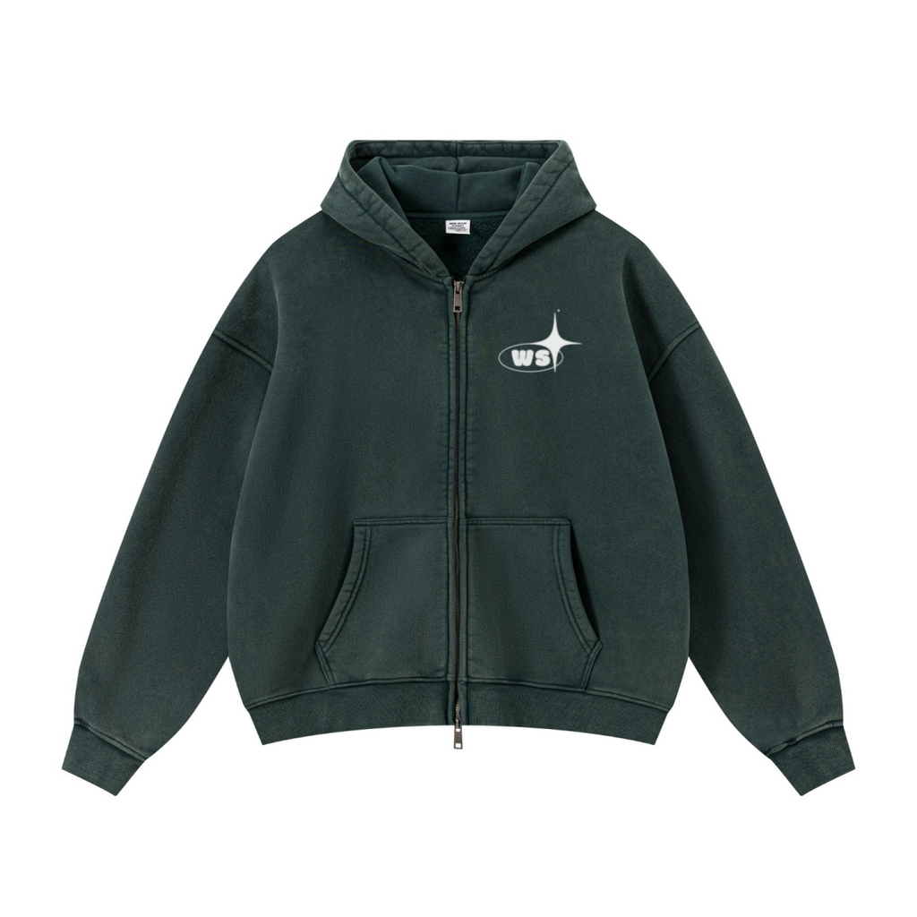 400GSM Unisex Vintage-Wash Boxy-Fit Zip-Up Hoodie Vintage Moss Green