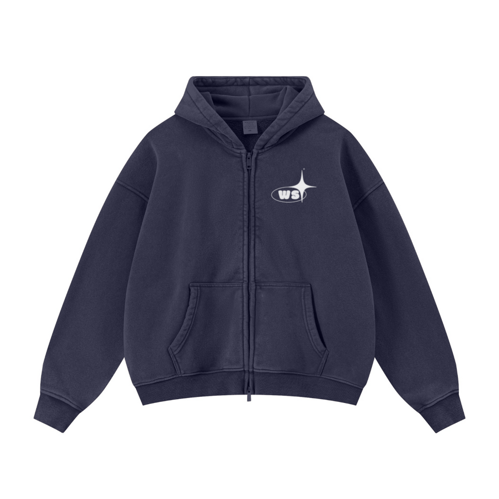 400GSM Unisex Vintage-Wash Boxy-Fit Zip-Up Hoodie Vintage Royal Blue