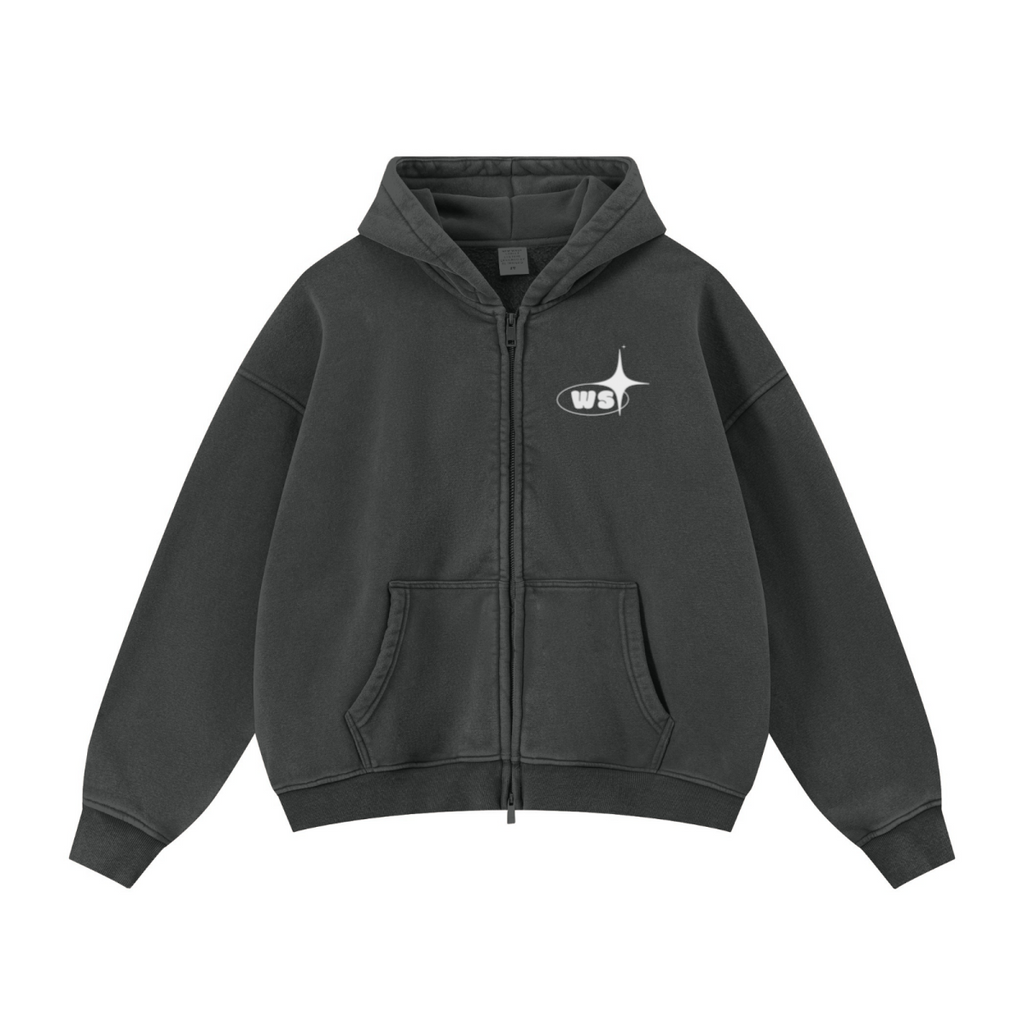 400GSM Unisex Vintage-Wash Boxy-Fit Zip-Up Hoodie Vintage Dark Grey