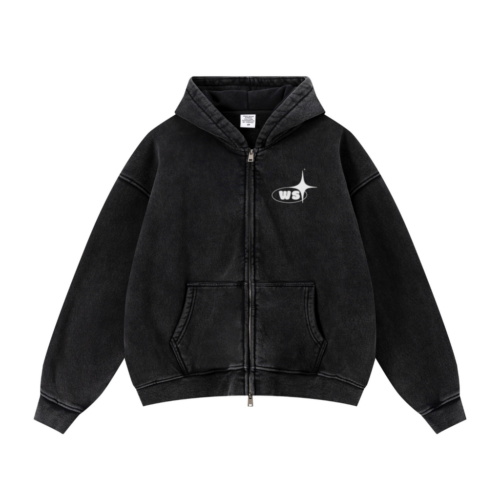 400GSM Unisex Vintage-Wash Boxy-Fit Zip-Up Hoodie Vintage Black